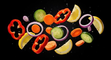 Sliced vegetables and lemon flying in mid-air on black