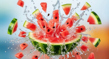 Sliced watermelon in a splash of water against a blurred background