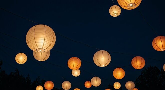 Illuminated Paper Lanterns Floating Against a Dark Night Sky