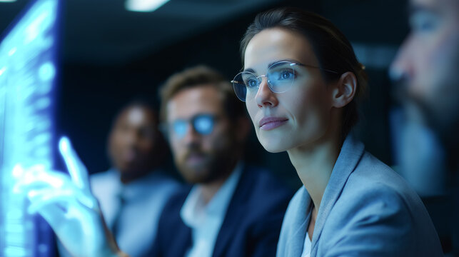 Group of executives discussing a glowing artificial intelligence hologram in a modern conference room. Concept of future technology, digital transformation, and business innovation.