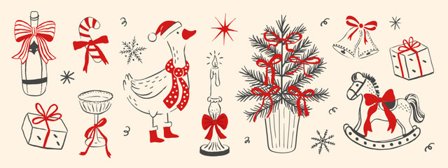 Fototapeta na wymiar Set of festive winter holiday elements in hand-drawn sketch style, featuring a champagne bottle, gift box, bells, candy cane, goose, candle, Christmas tree, and rocking horse, for greeting card and