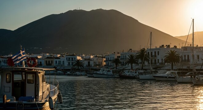 Greek island harbor with boats at sunset. Mediterranean coastal village with traditional architecture. European summer vacation destination. Nautical travel and leisure lifestyle