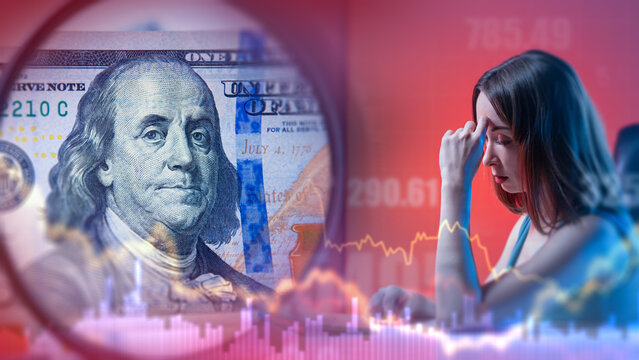 Financial analyst experiences stress during market volatility, monitoring currency fluctuations and economic downturn impacts on investments.