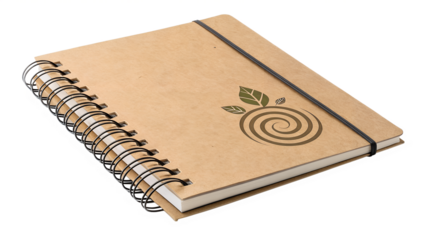 Spiral bound notebook with recycled kraft paper cover and elastic band, isolated on transparent background