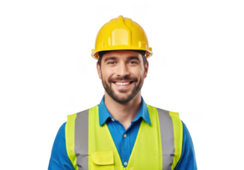 Smiling construction worker wearing a bright yellow hard hat and a high visibility safety vest isolated on transparent background