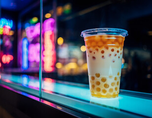 Bubble tea cup with beads, on a neon-lit counter with glowing signs in the background, urban night scene