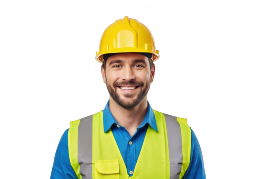 Smiling construction worker wearing a bright yellow hard hat and a high visibility safety vest isolated on transparent background