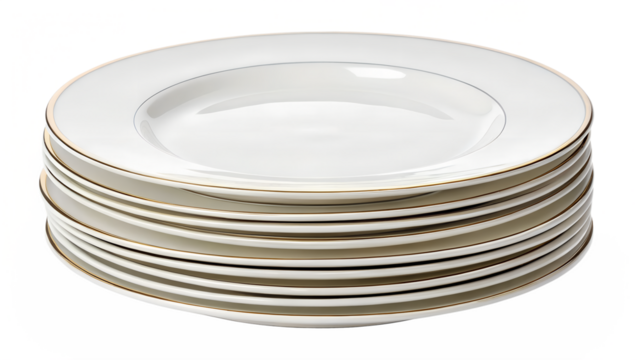 Stack of white dinner plates with a gold beaded rim, isolated on transparent background