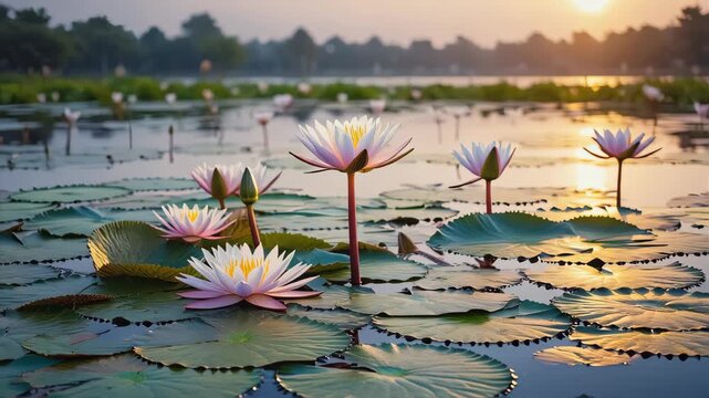 Beautiful water lilies floating on calm clear water, white lotus flowers blooming among green lily pads, peaceful reflection