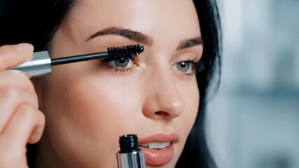 Confident Woman Applies Mascara, Enhancing Eyelashes for Beauty Routine