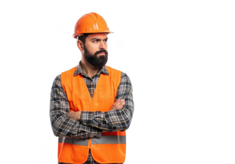 Serious bearded construction worker wearing orange hard hat and high visibility vest arms crossed isolated on transparent background