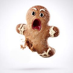 Bitten gingerbread cookie with shocked face
