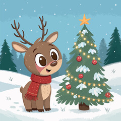 Santa Claus and reindeer with Christmas tree in winter scene