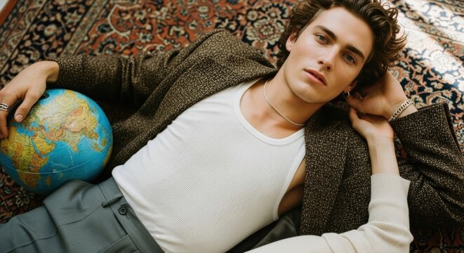 Stylish young adult male model posing with a world globe. Global citizenship and international travel concept. Modern fashion and lifestyle portrait for marketing