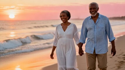 Happy senior african american couple walking on beach at sunset, holding hands showing love and togetherness on vacation