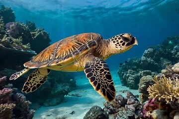 Hawksbill sea turtle swimming near coral reef in clear tropical ocean, realistic marine wildlife image
