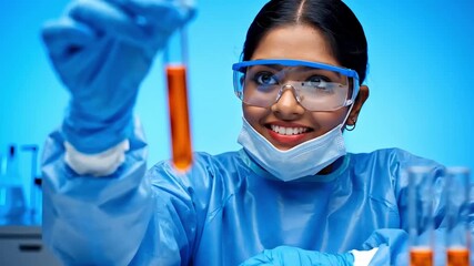 Joyful Female Scientist Examines Orange Liquid in Test Tube in Lab - Powered by Adobe