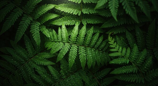 Lush green fern fronds with morning dew drops. Detailed macro of botanical foliage. Natural organic texture and pattern. Tropical rainforest environment for wellness and spa concepts