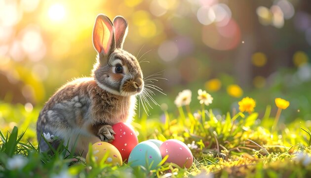 Easter Bunny with Colorful Eggs in Spring Meadow. - Powered by Adobe
