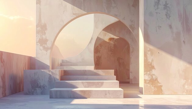 Modern architectural structure with stairs, arches, and a sunset backdrop