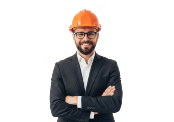 Smiling man wearing an orange hard hat and glasses with arms crossed isolated on transparent background