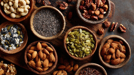 Obraz premium mixed nuts and seeds healthy fats selection in small bowls