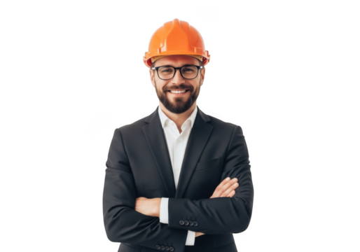 Smiling man wearing an orange hard hat and glasses with arms crossed isolated on transparent background