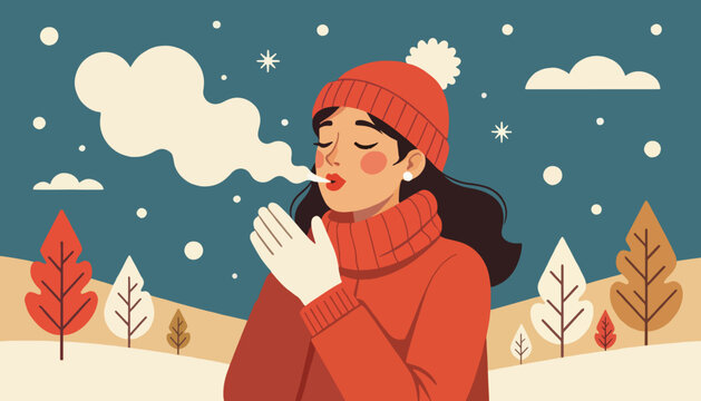 A woman breathing in the cold winter weather. Flat design vector illustration. Character warming her hands in a snowy landscape
