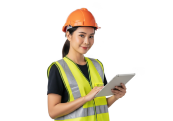 Professional female construction worker wearing a bright orange hard hat and a high visibility yellow safety vest holding a tablet isolated on transparent background