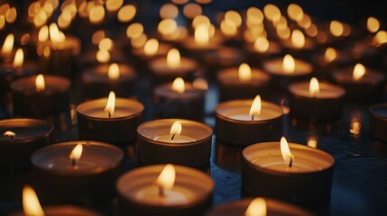 Multiple small lit candles in dark environment, arranged closely, creating warm light and soft glow, symbolizing remembrance or meditation.
