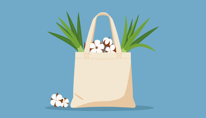 Eco-friendly reusable tote bag with cotton flowers. Sustainability and zero waste lifestyle concept. Flat design vector illustration