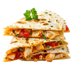 Golden brown and crispy chicken quesadilla, loaded with filling and served with a side of salsa, isolated on a clean white background