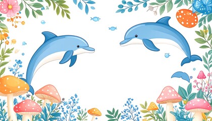Cute Dolphins in a Floral Underwater Scene.