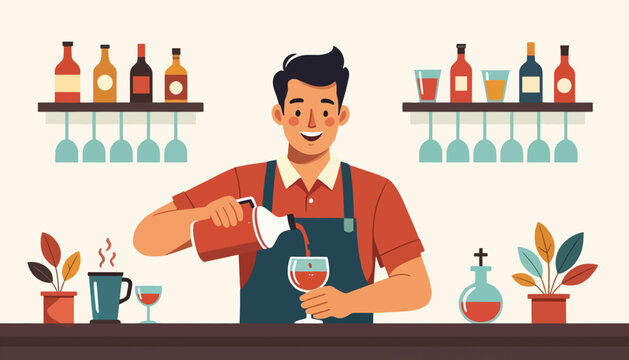 Illustration of a bartender serving wine at a bar. Flat design character of a man working in a restaurant. Hospitality and beverage service vector graphic