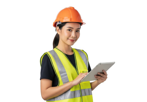Professional female construction worker wearing a bright orange hard hat and a high visibility yellow safety vest holding a tablet isolated on transparent background