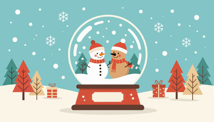 Christmas snow globe with two snowmen vector illustration. Festive winter holiday scene in a flat design style. Seasonal greeting card concept