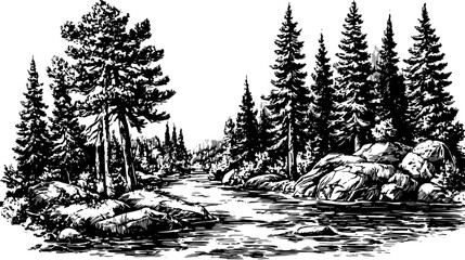 Engraving of a serene landscape featuring trees and rocks by a river. This detailed black and white vector illustration captures a classic natural scene.