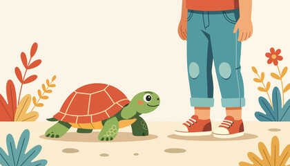 Fototapeta premium A cartoon illustration of a child meeting a turtle. Flat design vector graphic of a pet tortoise and a boy. Childhood and animal friendship concept