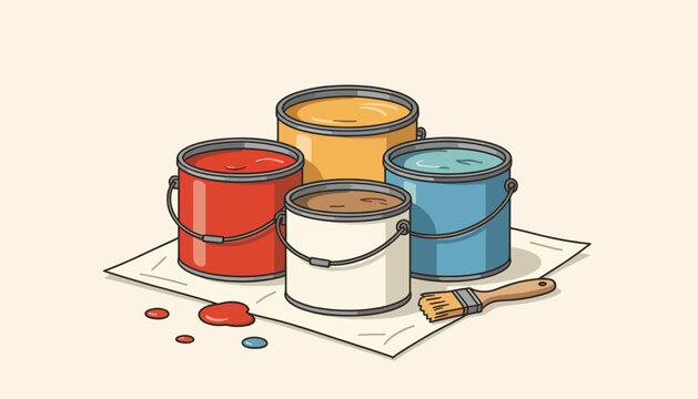 Colorful paint cans and a paintbrush illustration. Home improvement, renovation, and DIY concept. Simple cartoon style vector graphic