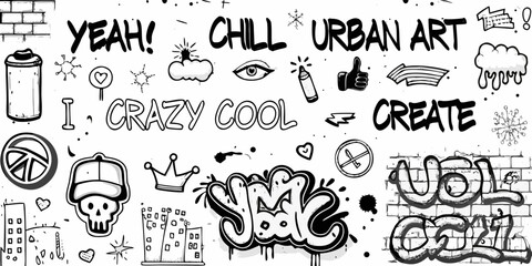 Collection of urban art graffiti elements and phrases including words like chill create and yeah