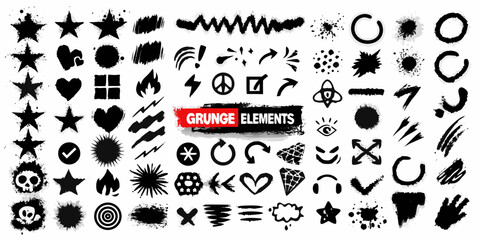 Collection of black grunge elements and icons for design projects