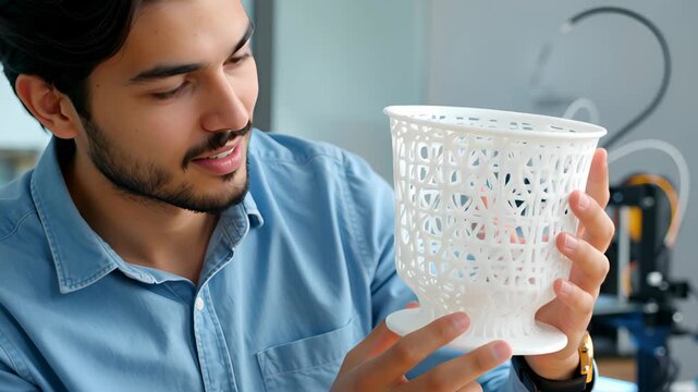 Smiling designer and engineer man holding an intricate white 3d printing prototype, proud of his innovative technology creation