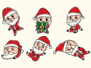 Set of Santa Clauses in different poses raster illustration, Santa's emoticons stickers
