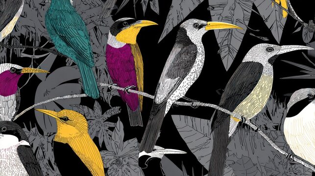 Vibrant birds on branches amidst foliage - Powered by Adobe