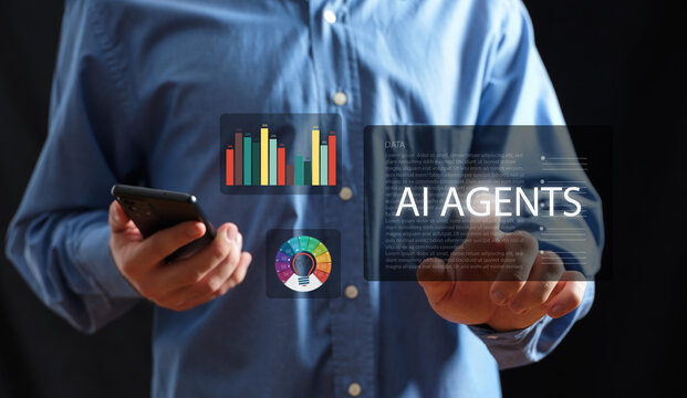 Man interacting with AI agents virtual interface