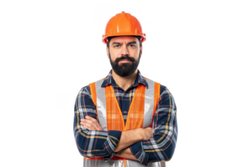 A confident bearded construction worker wearing an orange hard hat and reflective safety vest with arms crossed isolated on transparent background