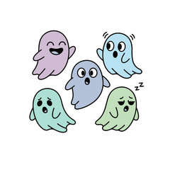 Bundle of Five Cute Pastel Colored Cartoon Ghosts in Various Expressive Poses on a Black Background Vector Illustration