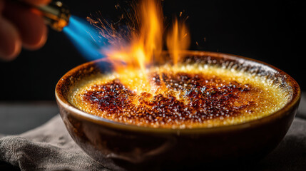 creme brulee torching close-up action shot on dark background
