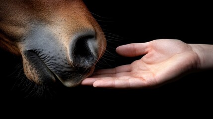 A human hand gently reaches toward a horse's nose, symbolizing trust and connection against a black background.