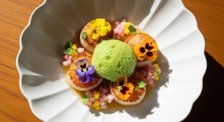 Pan seared scallops with edible flowers and fruit salsa. Gourmet seafood appetizer with green espuma. Haute cuisine presentation for a luxury restaurant. Culinary art and fine dining concept